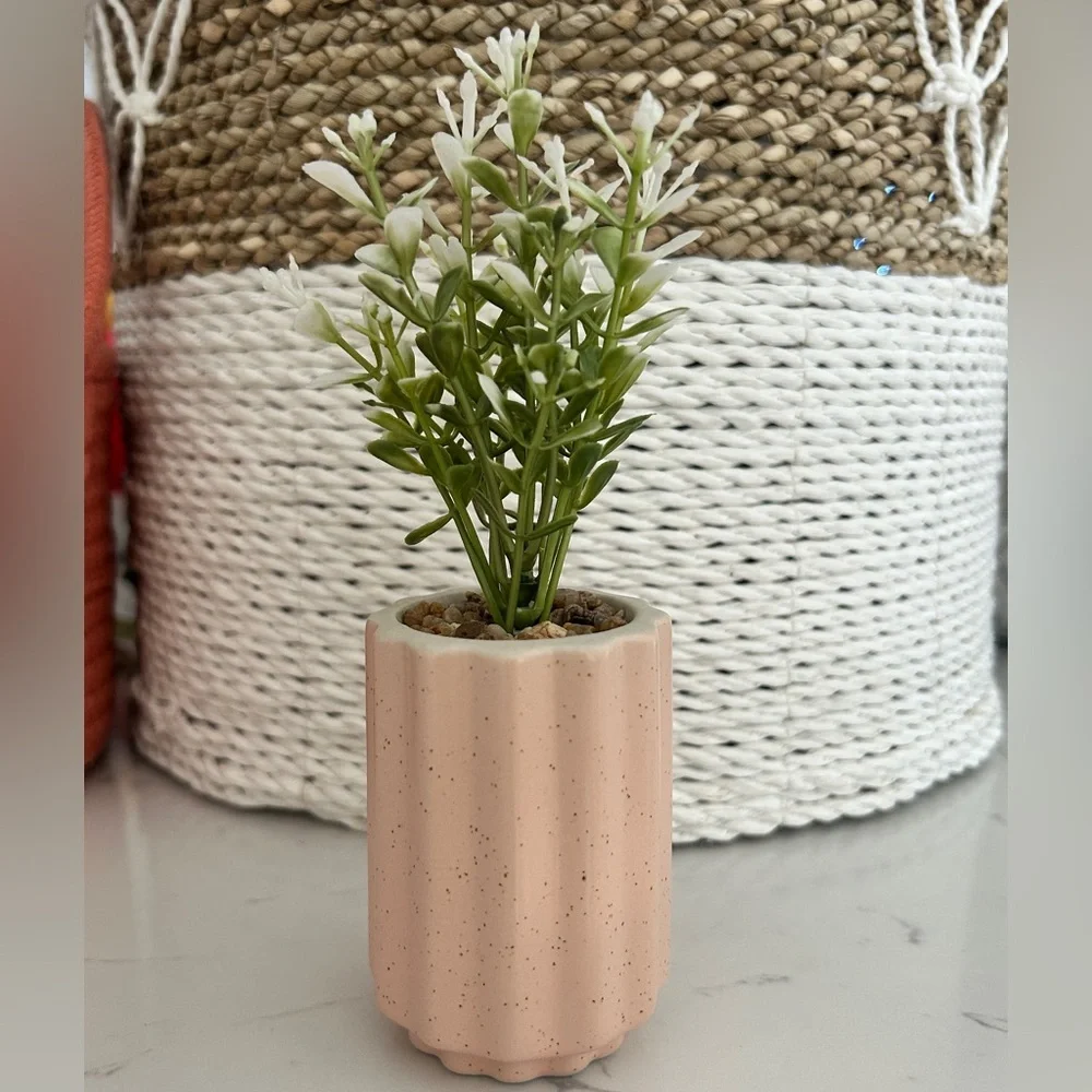 Mini Artificial Potted Plant in Pink Ribbed Ceramic Pot, 4”- NWT